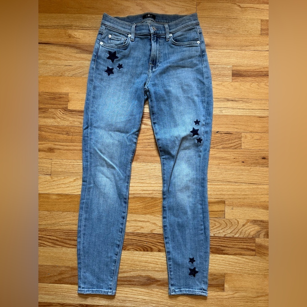 7 For All Mankind The Ankle Skinny Star Embroidered Blue Jeans in Trio size 26 - Picture 7 of 8